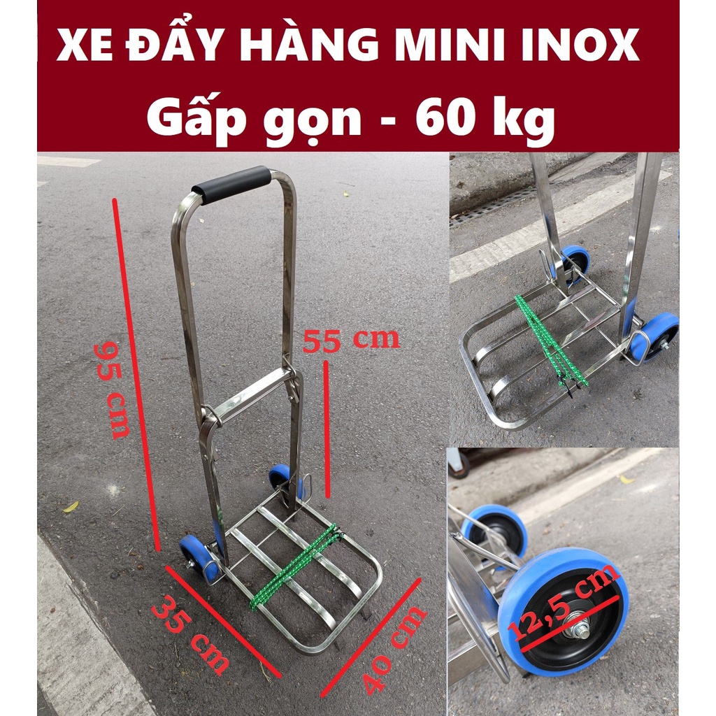 Xe đẩy hàng inox mini 2 bánh xếp gọn tải 60kg