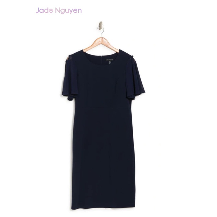 Đầm midi tay áo cài nút màu navy - N4