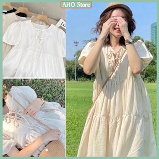 Váy Babydoll Nữ Đầm Babydoll Nữ Thắt Nơ Ngắn Tay Tay Bồng Freesize Phong Cách Trẻ Trung