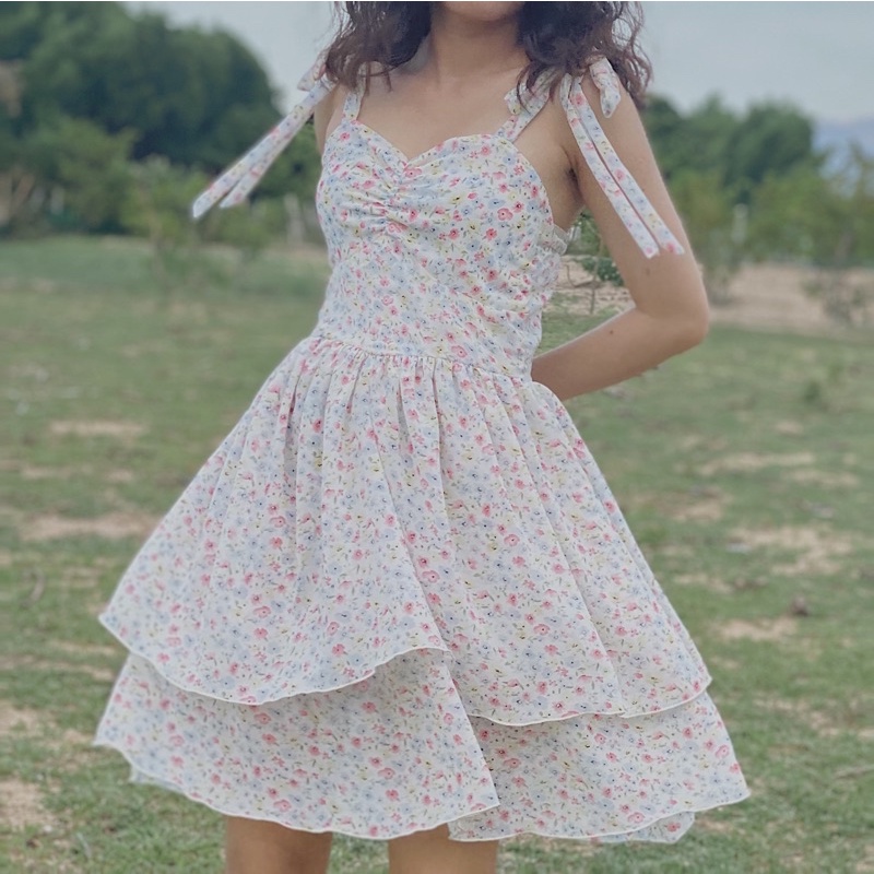 Váy hoa tầng xoè hai dây cột vai chất vải voan mềm mỏng thoáng mát size S M CHIEDESIGN