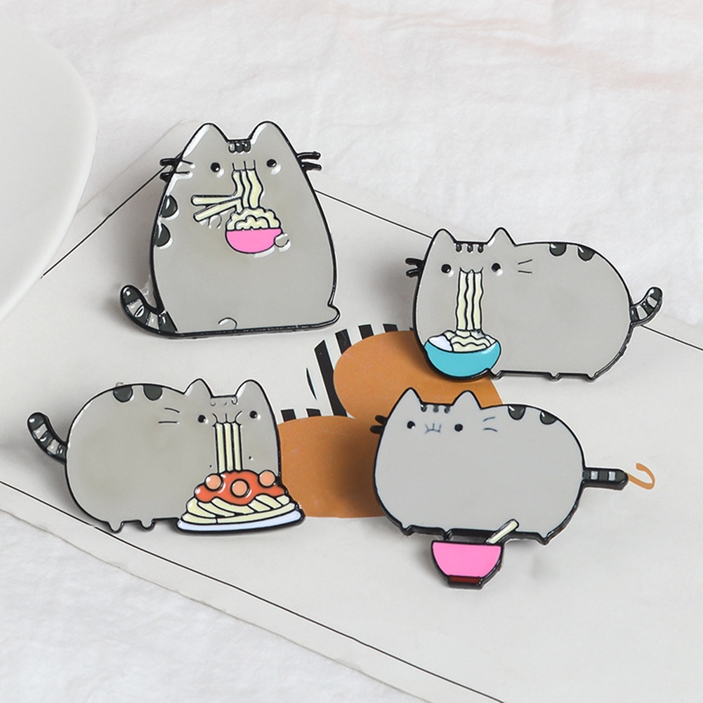 YOML✔Cute Cartoon Fat Cat Eat Noodles Enamel Brooch Pin Collar Lapel Badge Jewelry