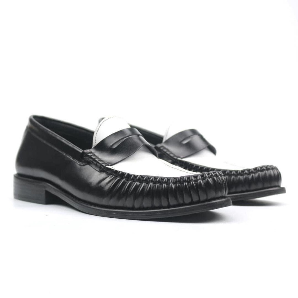 Giày Fennyloafer Đen Trắng MTP- Da bò đế gỗ nguyên tấm-BH 12 tháng