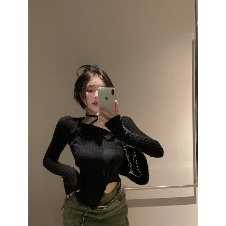 Porozi  Áo Croptop Dệt Kim Tay Dài Cổ Vuông Kiểu Hàn Quốc Xinh Xắn Cho Nữ