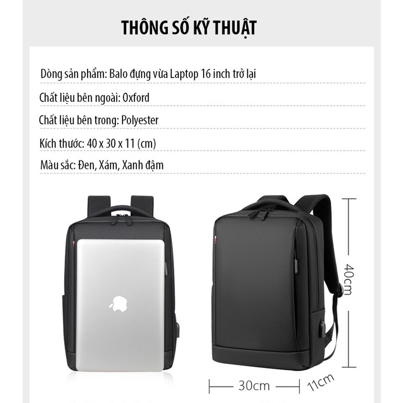 Balo đựng Macbook, Laptop 16 inch chống nước kèm cáp sạc ẩn
