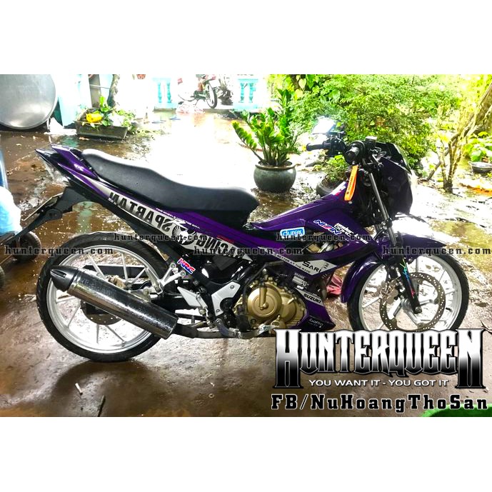 Tem rời Raider xăng cơ, Sparktan tím đen. Decal dán xe tím, bụng phía sau màu đen