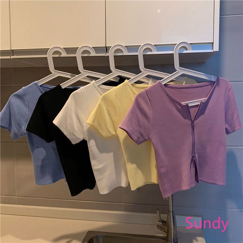Áo kiểu cardigan ngắn tay phối dây kéo xinh xắn dành cho nữ