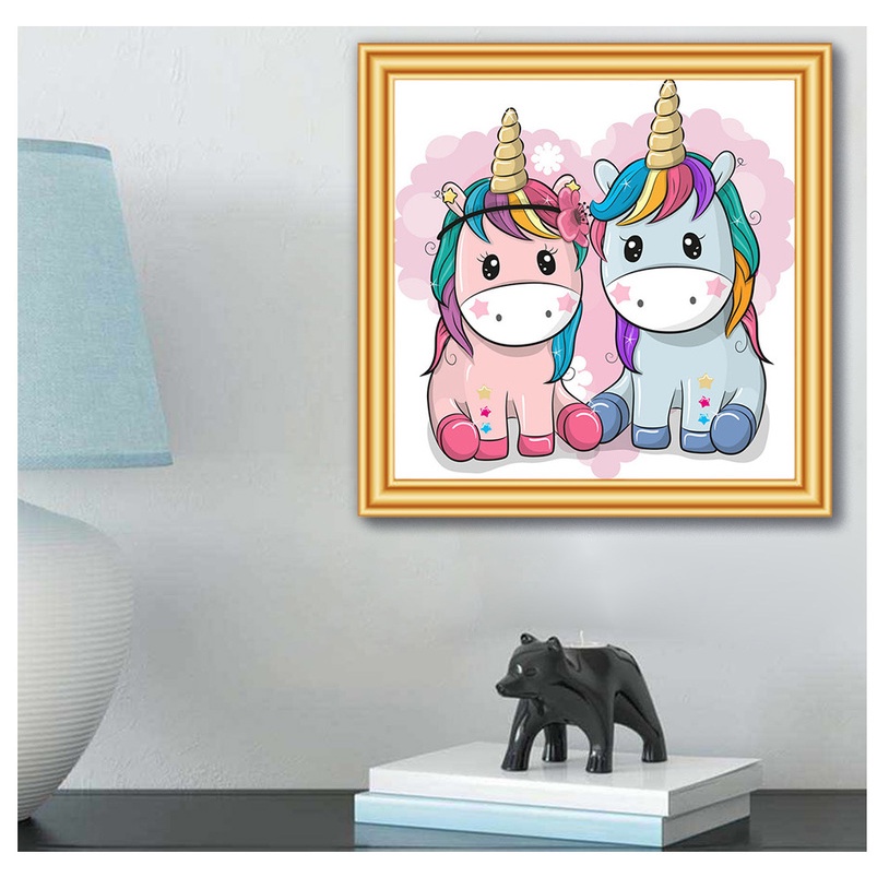 Bộ tranh đính đá 5d thủ công họa tiết ngựa một sừng dễ thương độc đáo size 30x30cm