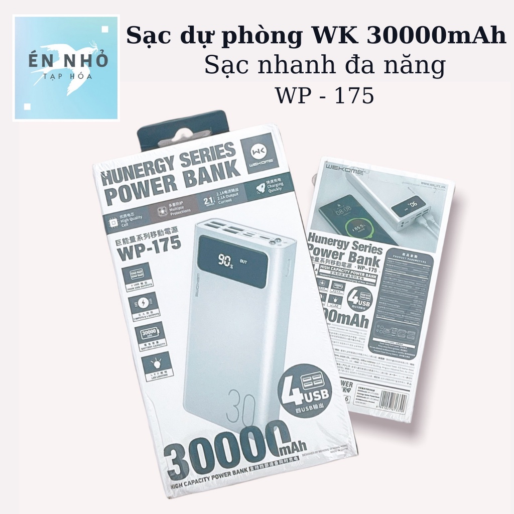 Pin sạc dự phòng đa năng 30000 mAh (WP-175) 4 cổng USB đa năng, đèn led hiển thị pin, hàng chính hãng