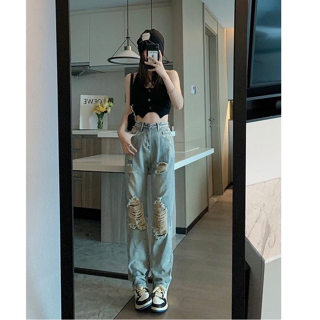 Quần jeans Dài Lưng Cao Ống Đứng Thời Trang Nữ retro