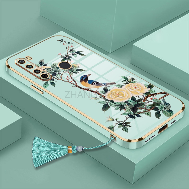 Ốp Điện Thoại Silicon Mềm Mạ Điện Họa Tiết Hoa Và Chim Kèm Dây Đeo Cho Redmi note 8 note 8 pro