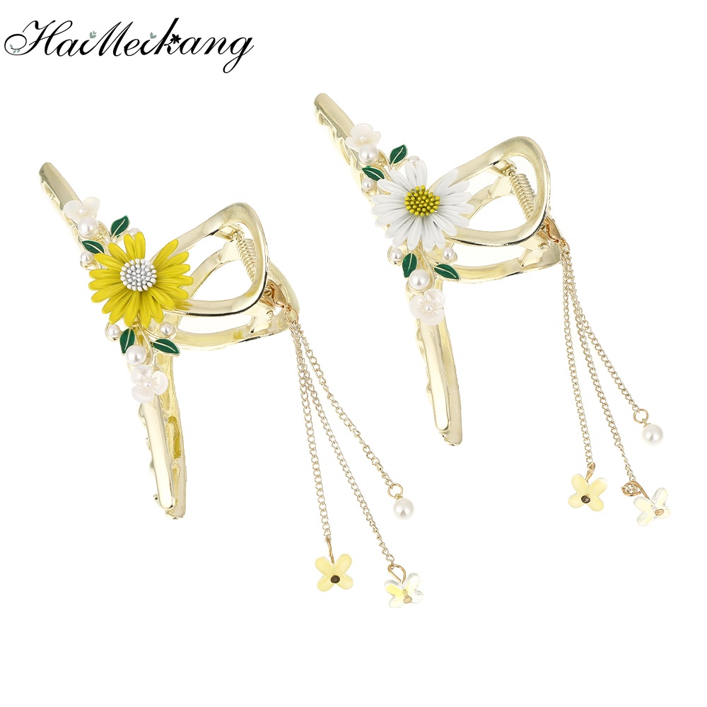 Kẹp tóc HAIMEIKANG hình hoa cúc nhỏ 11cm phối tua rua và ngọc trai thời trang cho nữ
