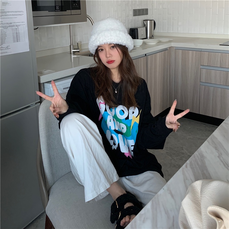 Áo sweater SUXI mỏng cổ tròn tay dài dáng rộng in họa tiết xinh xắn dễ phối đồ cho nữ