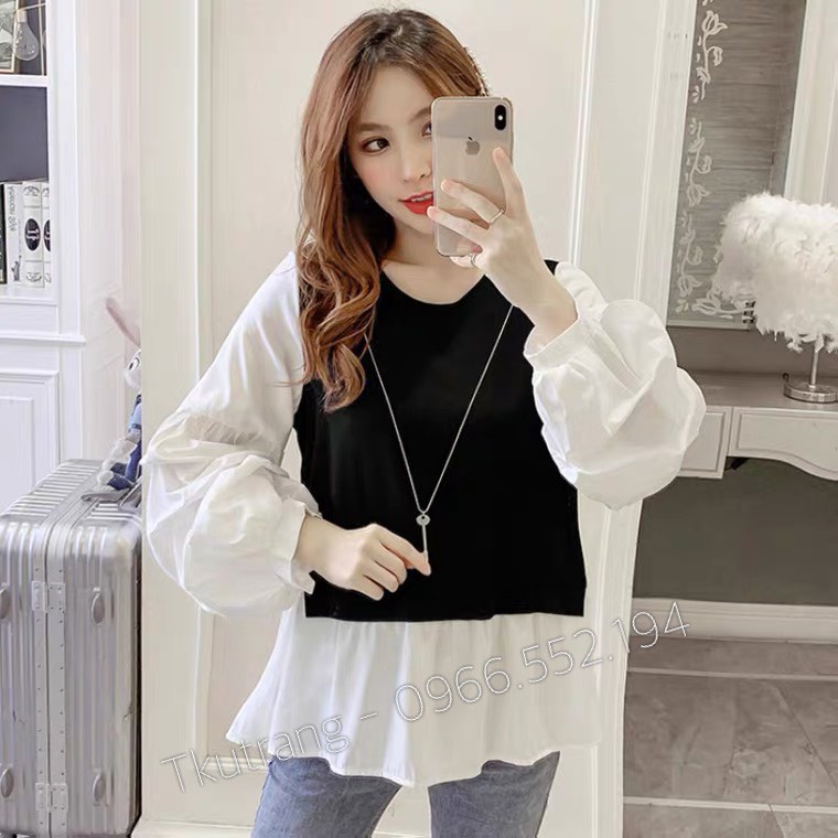 Áo bầu babydoll phối sơ mi trẻ trung dễ phối đồ