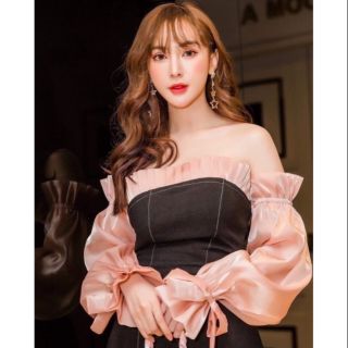 Đầm trễ vai phối tay voan tơ cao cấp