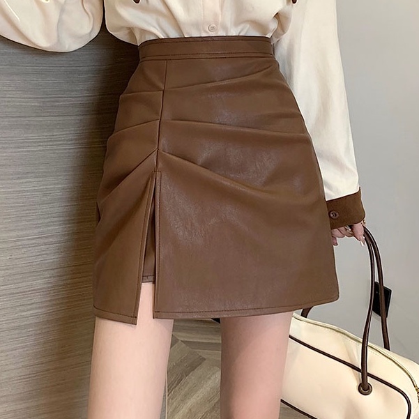 QKOOLE  Chân váy da lưng cao phong cách hàn quốc thời trang cho nữ