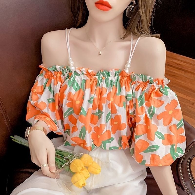 Áo Trễ Vai Ngắn Tay Họa Tiết Hoa Phong Cách Hàn Quốc Dành Cho Nữ