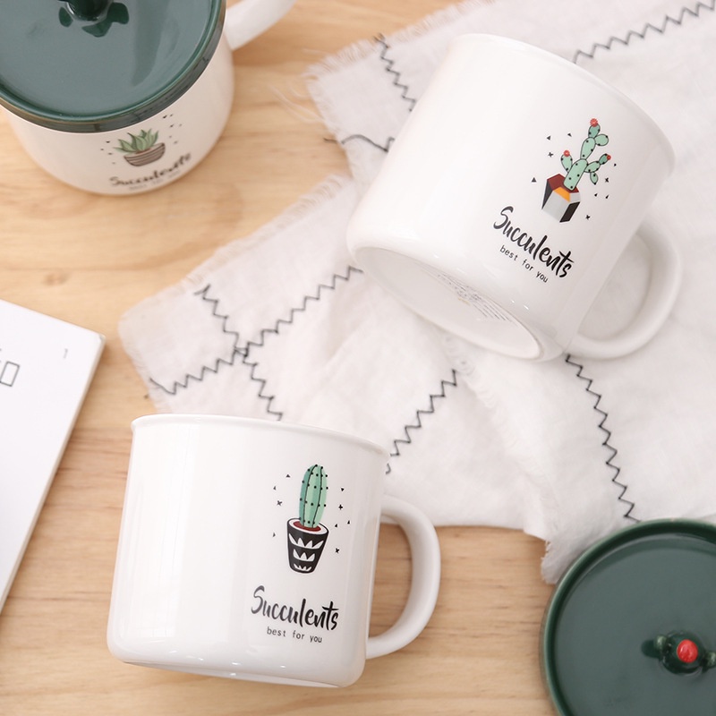 Cốc, ly sứ cao cấp uống nước, pha trà, cafe văn phòng, quà tặng họa tiết xương rồng 350ml