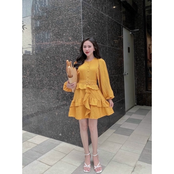 Jumpsuit xốp tay dài hồng/vàng, jump ngắn xoè bèo tầng dễ thương, phong cách tiểu thư hot girl đi chơi dạo phố hình thật