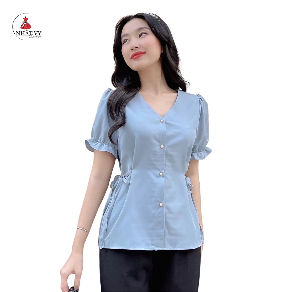 Áo Nữ NHẬT VY Cổ Tim Tay Bo Thun Thắt Dây Kiểu Chất Lụa Màu Đen, Nude, Xanh - D2228