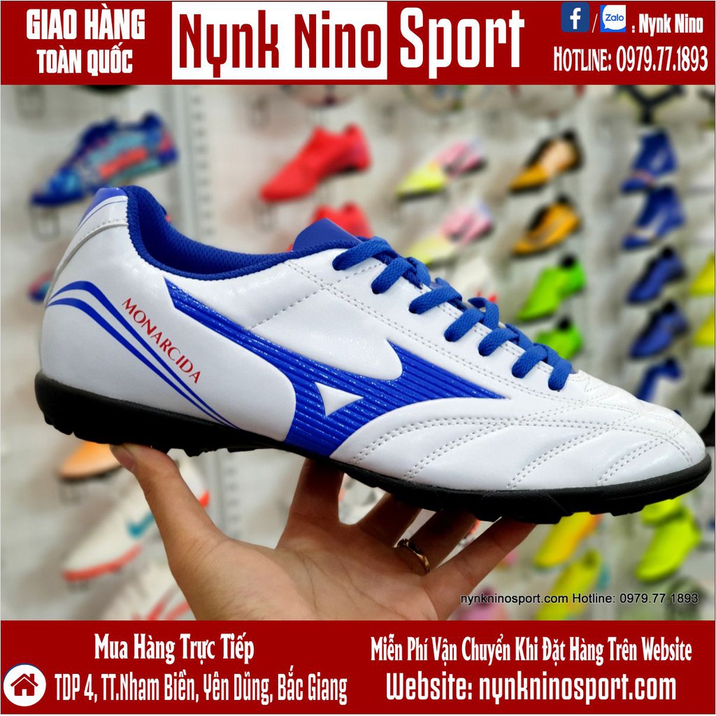 Giày Bóng Đá Mizuno Monarcida Neo Classic Trắng Vạch Xanh Biển TF