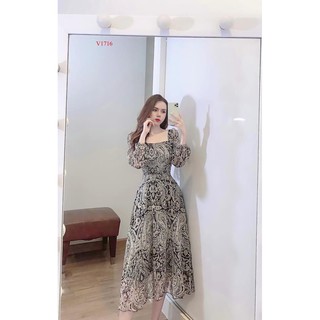 Váy đầm chất voan tơ cổ vuông tiểu thư sang chảnh