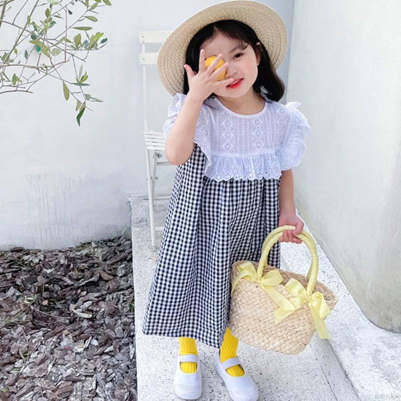 Đầm búp bê sát nách cổ tròn phối ren họa tiết kẻ sọc ngọt ngào cho bé gái