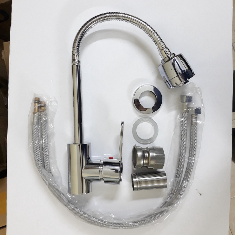 [ Hàng Mới Về ] Vòi rửa bát nóng lạnh inox màu bạc cao cấp loại cần mềm xoay 360 độ, 2 chế độ xả nước siêu bền chống