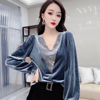 Áo sơ mi tay dài cổ chữ V bằng vải nhung thời trang thanh lịch cao cấp cho nữ