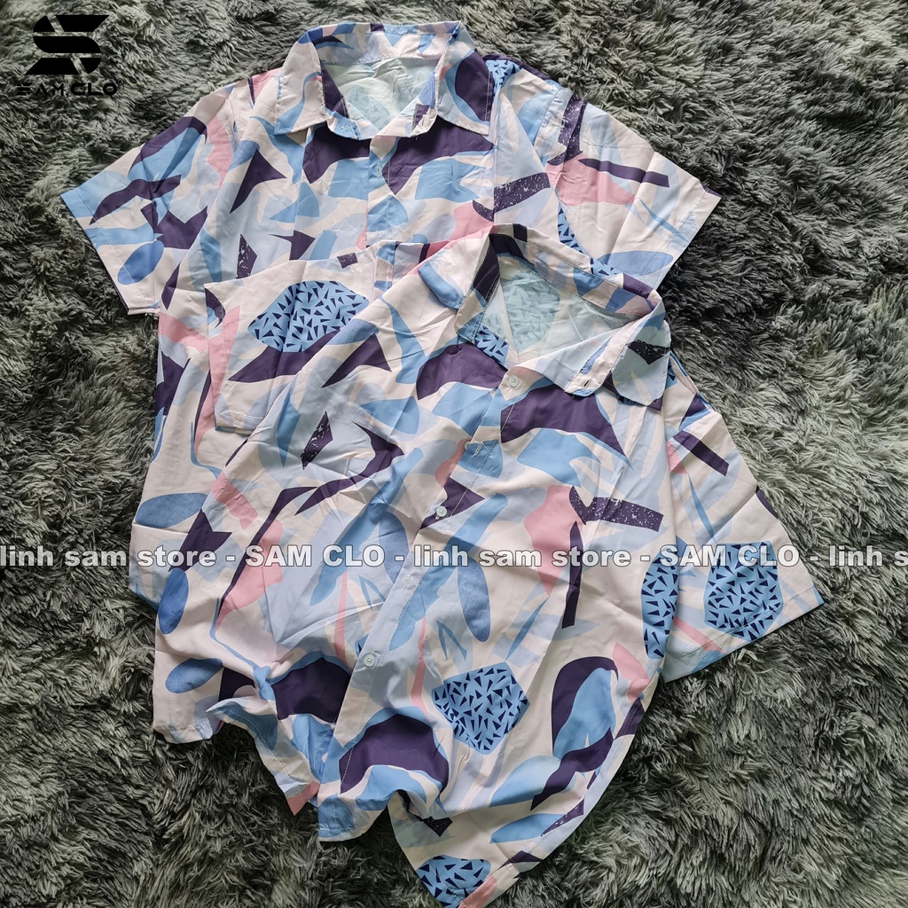 Áo SƠ MI NỮ form rộng in 3D cổ bẻ tay ngắn - lỡ dáng ulzzang freesize unisex mặc cặp, nhóm, LOANG PHỐI TÍM XANH