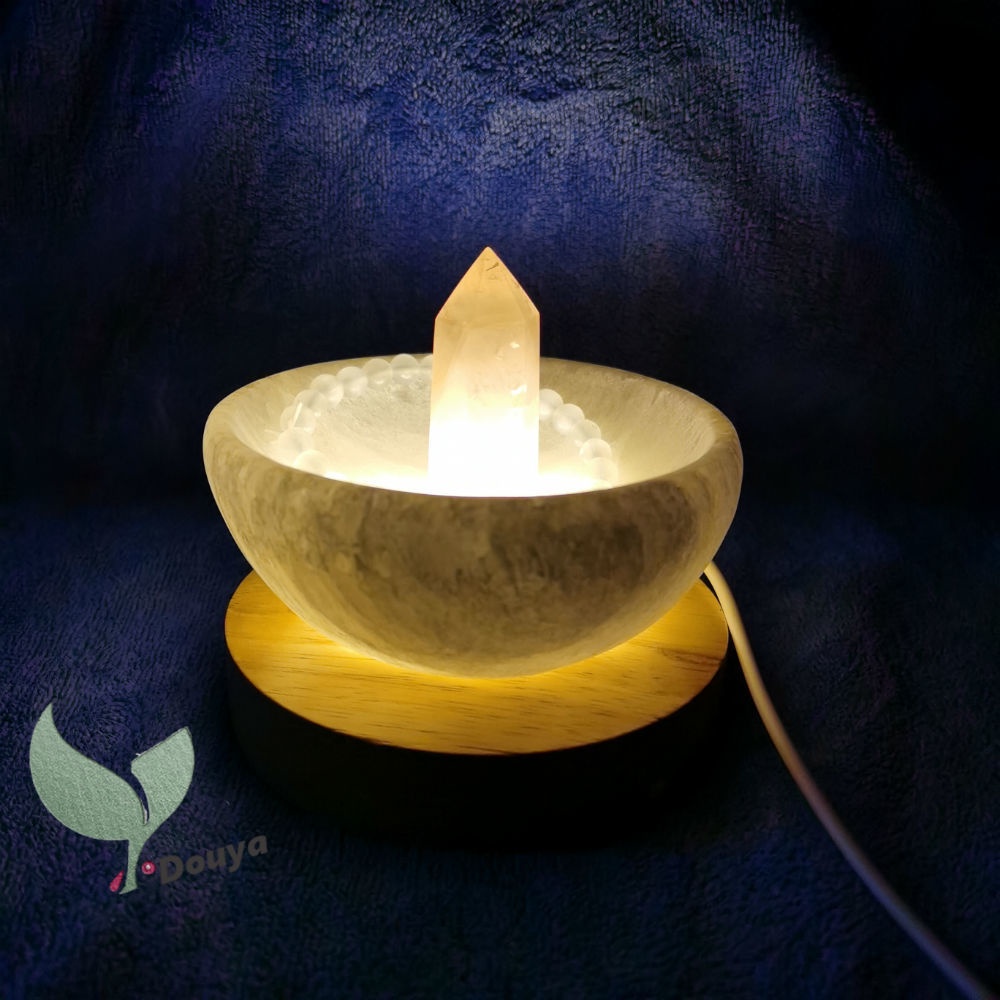 Bát điện có đèn led màu trắng selenite kèm đế gỗ tiện dụng