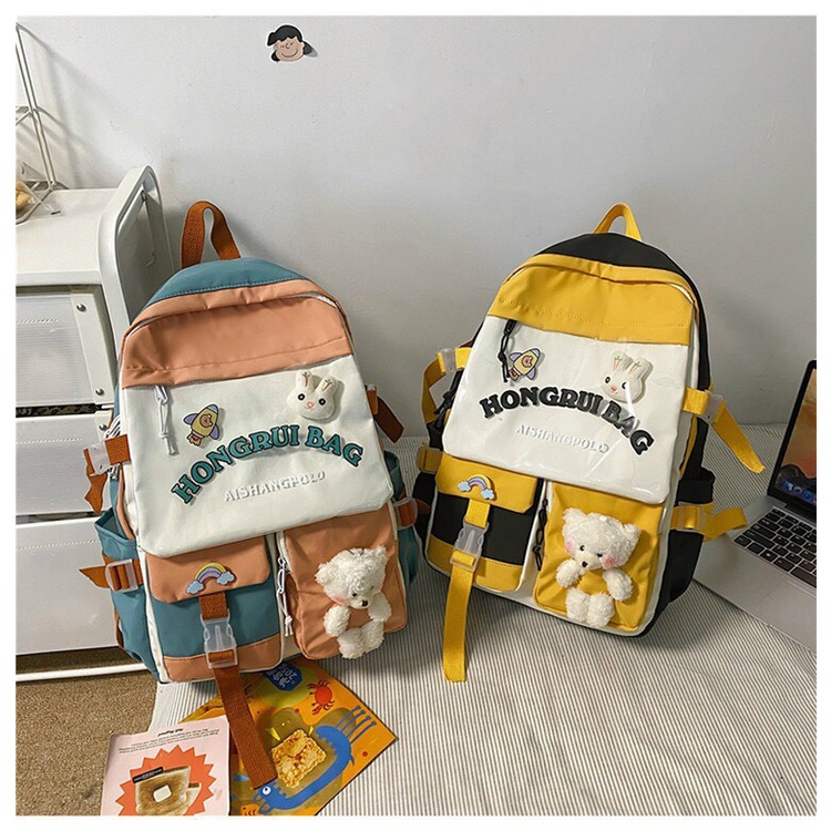 Ba lô trong vải canvas tặng kèm sticker và móc khóa gấu bông T1142