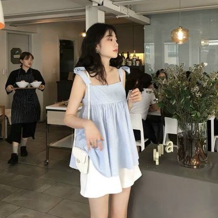 Set babydoll Hàn Quốc S.047, Set áo kẻ caro xanh thắt nơ vai và quần kaki short trắng