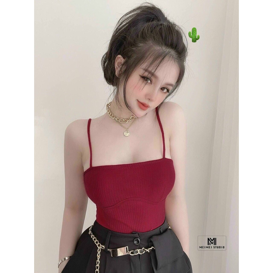 Áo hai dây croptop trơn kèm mút ngực cực xinh , chất thun gân co giãn