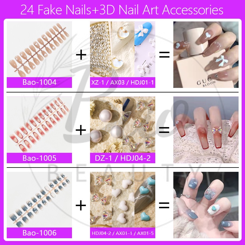 Set 24 Móng Tay Giả 2022 Họa Tiết 3D Kèm Keo Dán