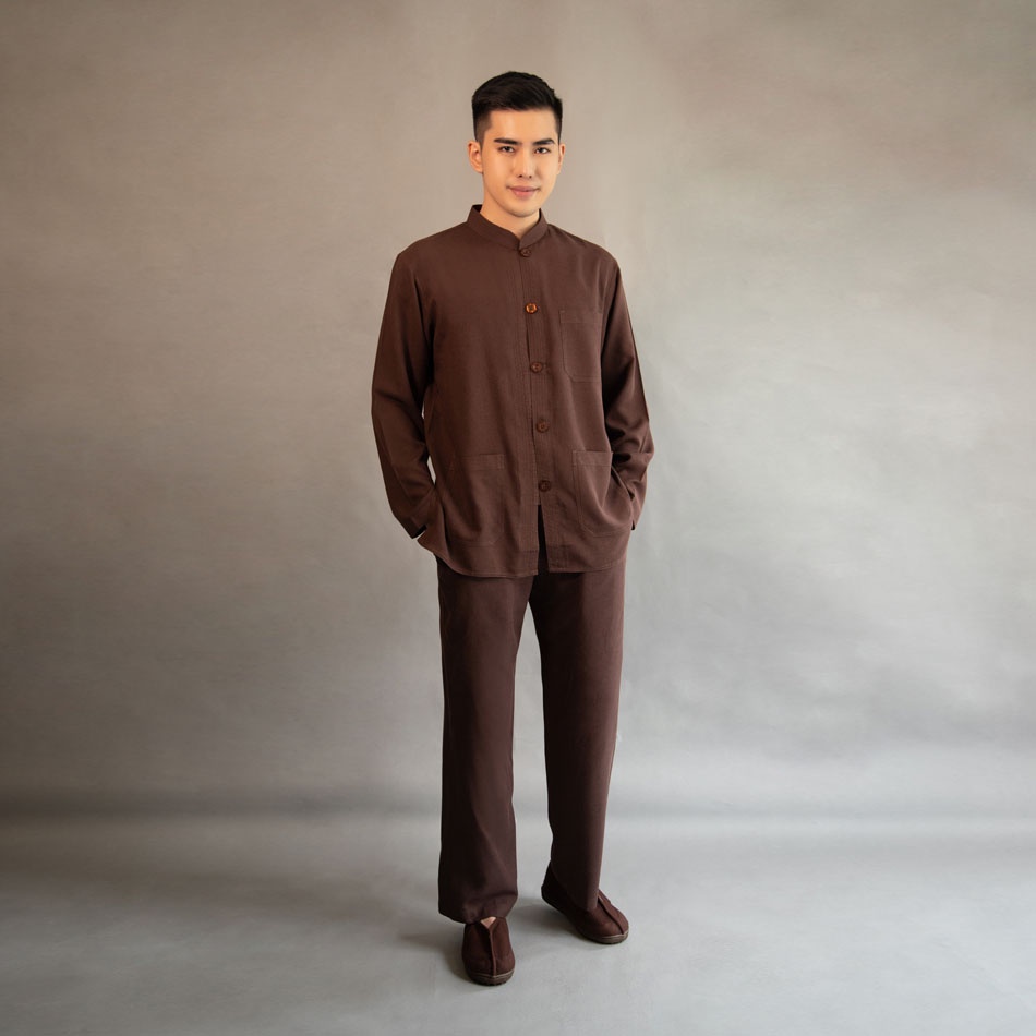 Bộ Đồ Thiền Nam Dài Tay Nút Nhựa, Vải Lanh Linen Hàn Quốc, Màu Nâu, Lam  & Nâu Đen - Quần Áo Phật Tử Cư Sĩ