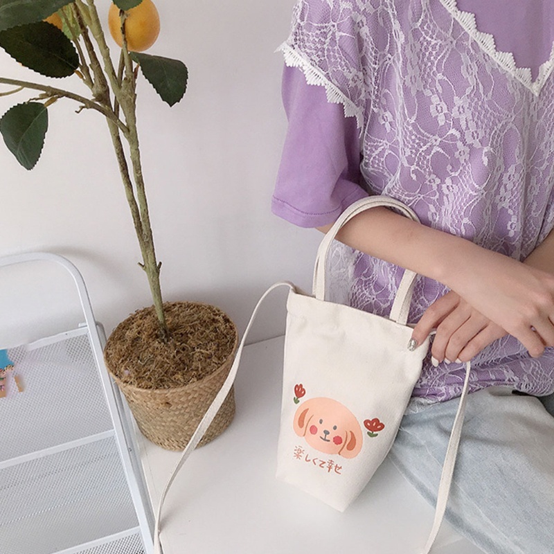 Túi Canvas Đeo Chéo Đựng Bình Nước In Hình Hoạt Hình