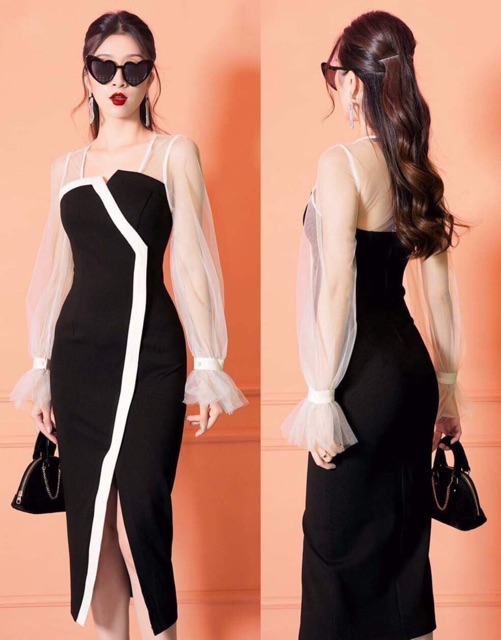 Đầm suông tay phối lưới