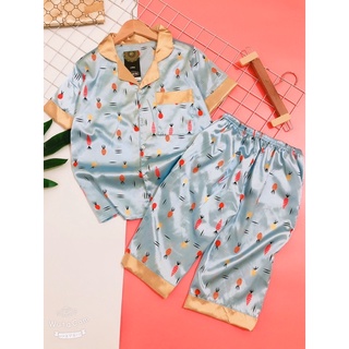 Đồ Bộ Pyjama Lụa Satin Hoạ Tiết Lửng Form Dưới 55kg