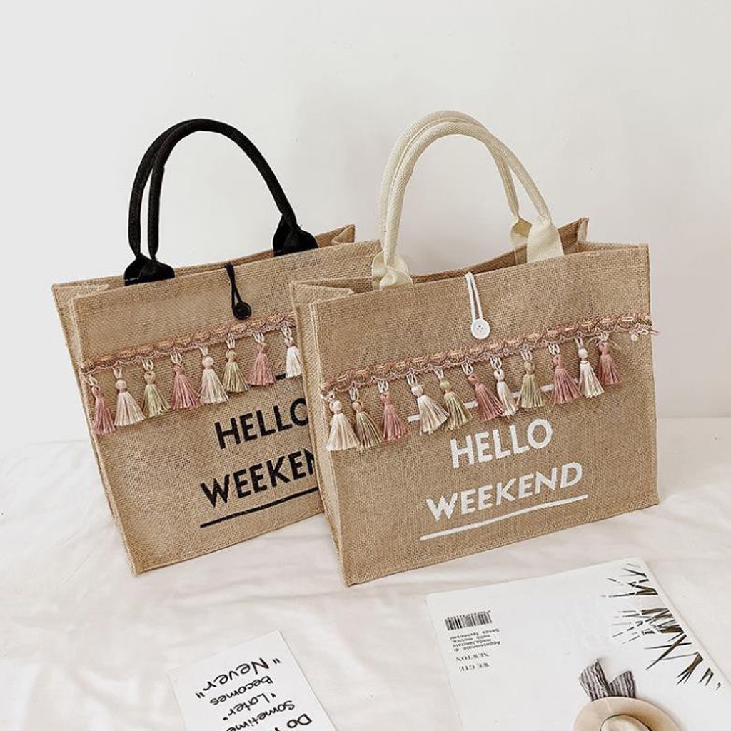 Túi cói du lịch hello weekend Phong cách Hàn Quốc TBB19