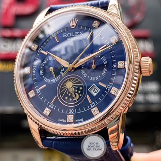 Đồng hồ Nam Rolex máy nhật, mẫu 6kim đính đá, mặt xanh viền vàng, dây da, dòng cơ Automatic size 40mm-41mm