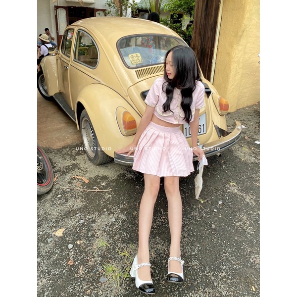 Set váy bố mềm hồng pastel áo croptop và chân váy xếp ly