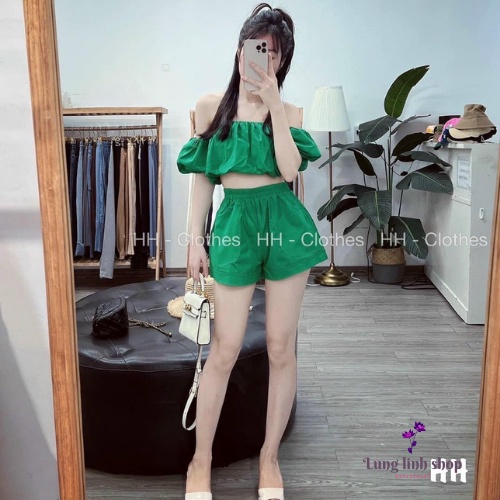Set áo trễ vai quần short chất lụa thô mềm mịn