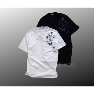 NHABAP Áo thun nam tay ngắn unisex thun cotton không cổ MAGIC BUTTERFLY THÊU THỦ CÔNG đủ size (TRẮNG/ ĐEN)