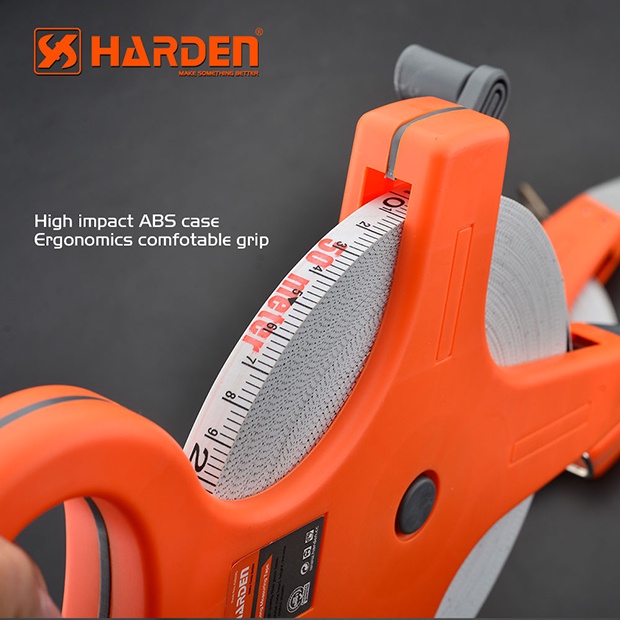 Thước dây cuộn sợi thủy tinh Harden 50mx12.5mm, thước cuốn đa năng vỏ nhựa ABS bọc cao su siêu bền, tốc độ cuốn nhanh