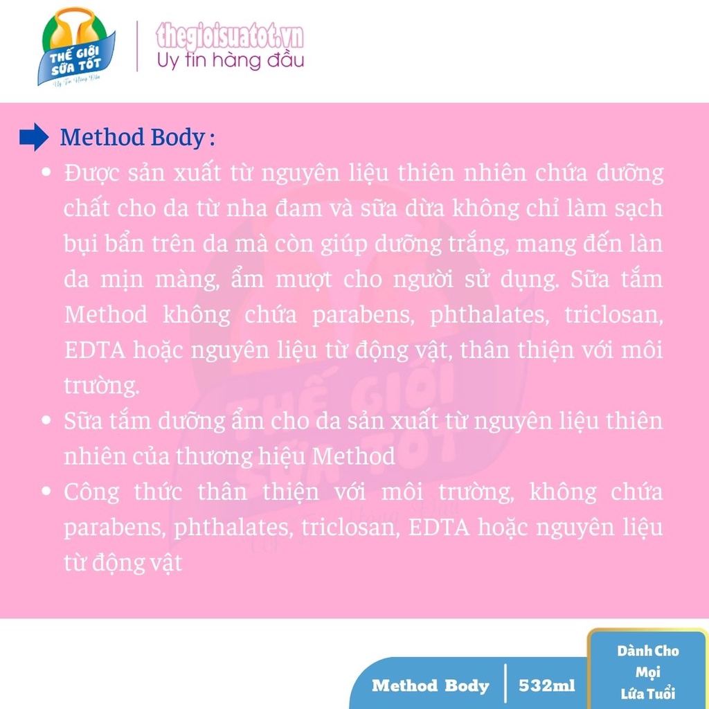 Sữa Tắm Method Body Hàng Chuẩn Úc 532ml - Thành Phần Tự Nhiên An Toàn Dưỡng Ẩm Trắng Sáng Da thegioisuatot