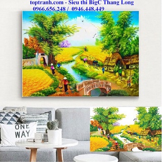 Tranh thêu chữ thập 3D phong cảnh làng quê mùa gặt LV3196 chưa thêu