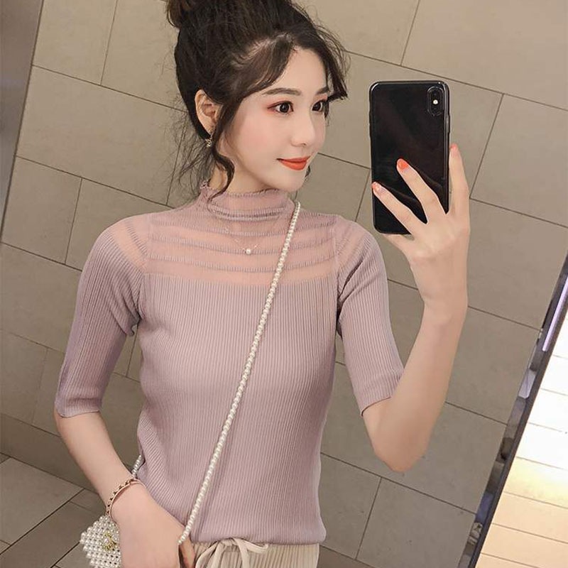 Áo thun dệt kim tay lỡ cổ lọ thiết kế thanh lịch
