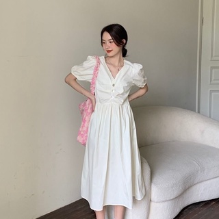 Đầm maxi cổ tròn tay phồng thời trang công sở cho nữ