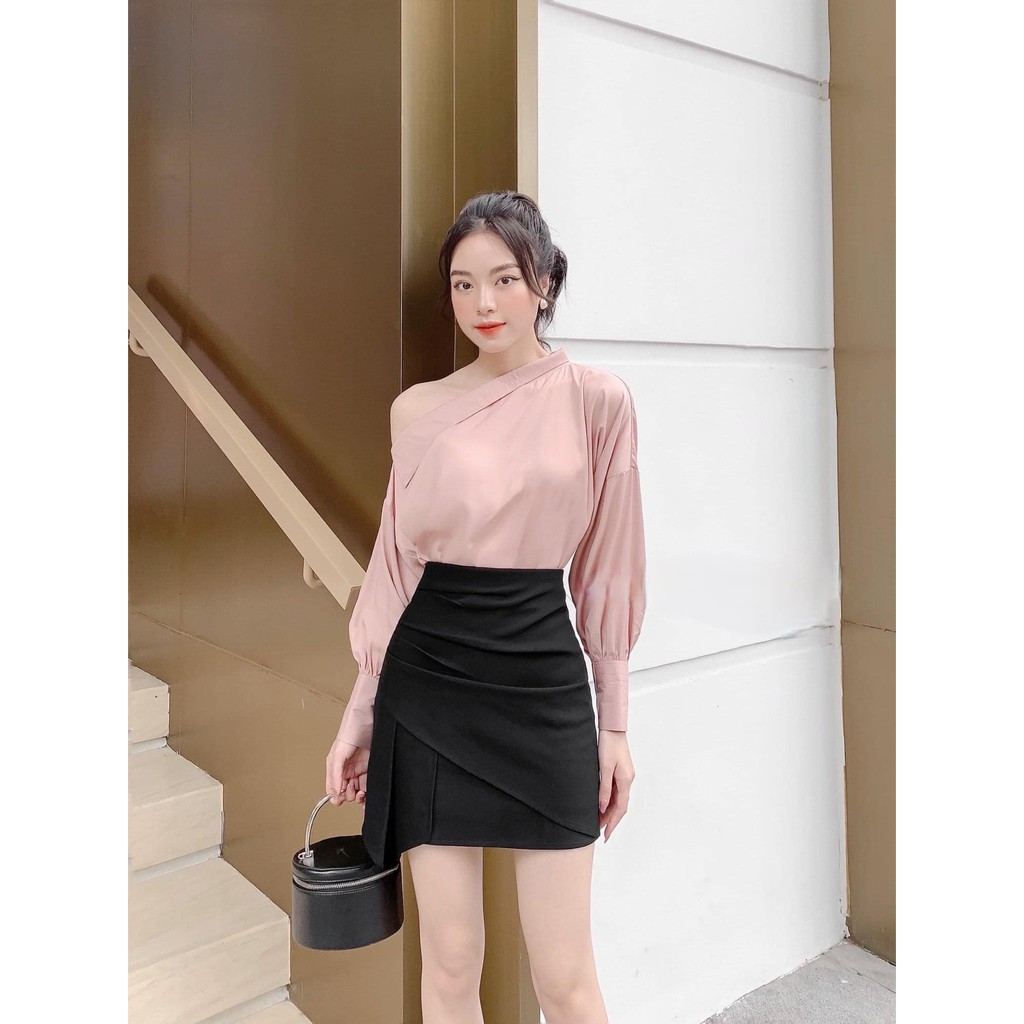 Chân Váy Bigsize Tà Nhún Đen /Nude - Co Giãn - Có Quần Trong - Lưng Cao