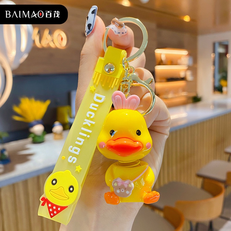 Móc Khóa cute hình vịt vàng cổ lò xo màu sơn bóng cao cấp, móc khóa dễ thương, móc khóa treo balo phong cách Hàn Quốc
